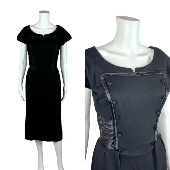 Vintage 50s Black Wool Dress Satin Trim Cocktail Sheath Notched Bust - Picture 1 of 12